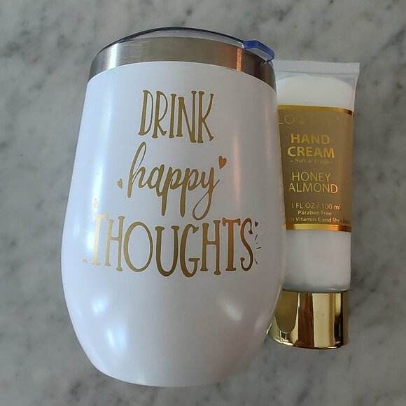 New Drink Happy Thoughts Coffee Wine Tumbler & Honey Almond Hand Cream - Picture 2 of 5
